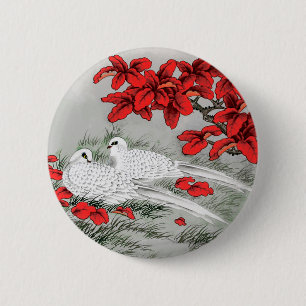 Chapa Redonda De 5 Cm Palomas blancas vintage y hojas rojas sobre gris