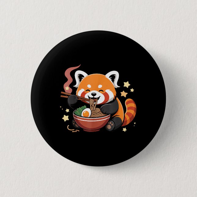Chapa Redonda De 5 Cm Panda Rojo Comiendo Fideos Ramen (Anverso)