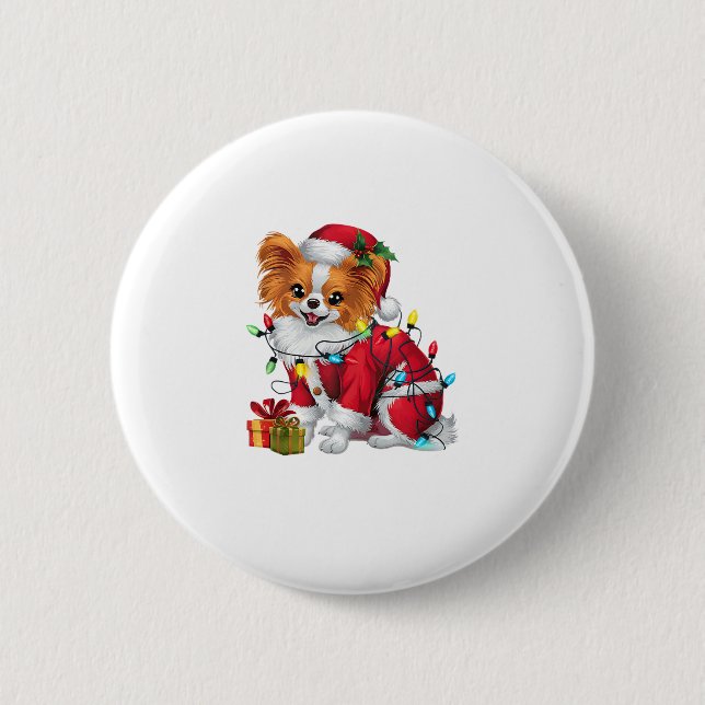 Chapa Redonda De 5 Cm Papillon Xmas iluminando Santa Papillon Dog Christ (Anverso)