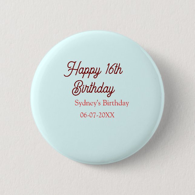 Chapa Redonda De 5 Cm Pastel blue red happy 16th birthday name date eleg (Anverso)