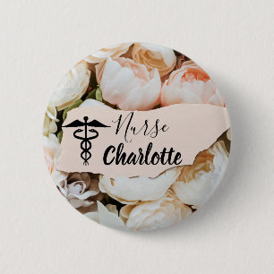 Chapa Redonda De 5 Cm Pastel Floral Nombre Personalizado Enfermera