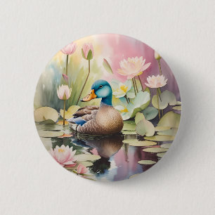 Chapa Redonda De 5 Cm Pato de pintura acuarela sobre un estanque