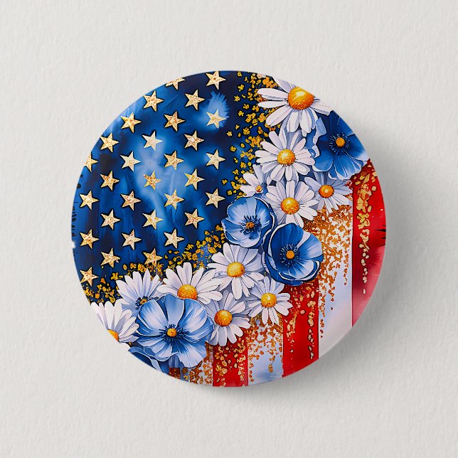 Chapa Redonda De 5 Cm Patriotic American Flag Floral Glitter Button (Anverso)