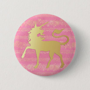 Chapa Redonda De 5 Cm Patrón bohemio de oro y rosa y unicornio
