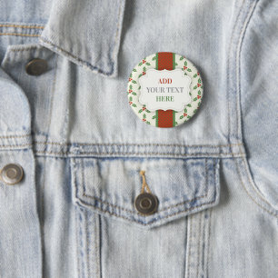 Chapa Redonda De 5 Cm Patrón de Acebo de Navidad Acebo Verde Bayas Rojas