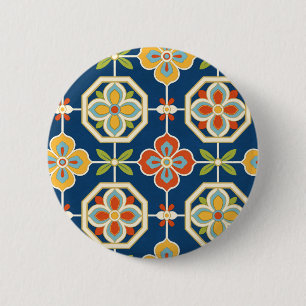 Chapa Redonda De 5 Cm Patrón de Baldosa Floral Retro Azul Marino Naranja