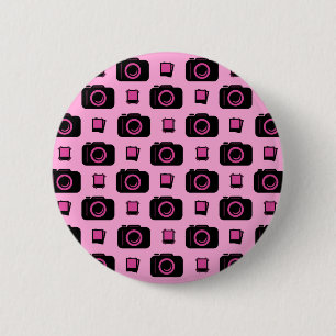Chapa Redonda De 5 Cm Patrón de cámara rosa negro de estilo retro