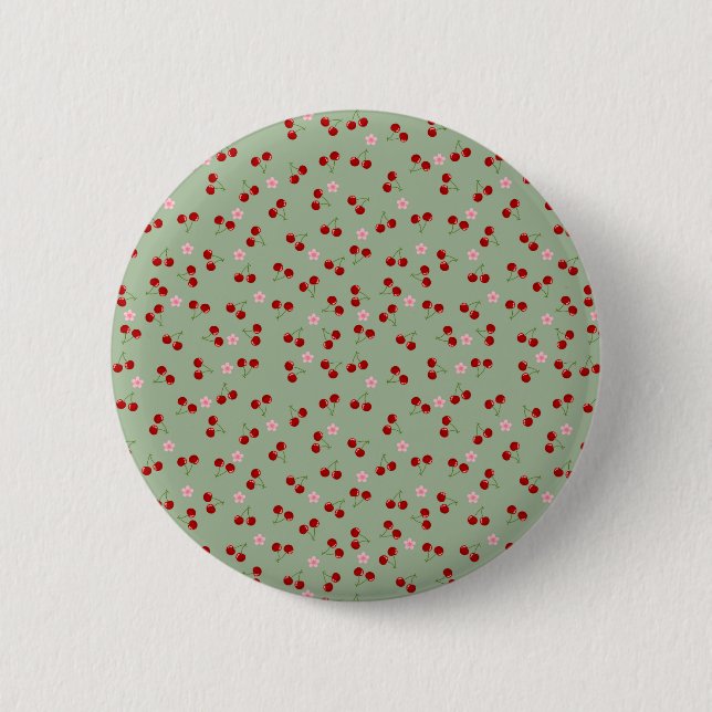 Chapa Redonda De 5 Cm Patrón de cerezas en fondo verde (Anverso)