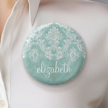 Chapa Redonda De 5 Cm Patrón de Damasco de Vintage Azul Hielo con Acabad<br><div class="desc">Un patrón vintage con un diseño de pizarra y encaje. Eche un vistazo a las flores y hojas.Un diseño moderno con colores y elegancia en tonos de joyas. Los elementos son más fáciles de personalizar cuando se reemplazan primero todo el texto y las fotos. Si su arte todavía necesita ser...</div>