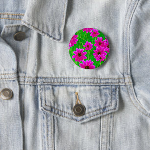 Chapa Redonda De 5 Cm Patrón de flor verde y rosa brillante