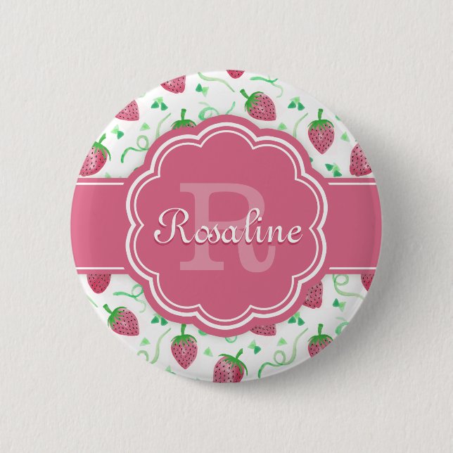 Chapa Redonda De 5 Cm Patrón de fresa acuarela con monograma (Anverso)