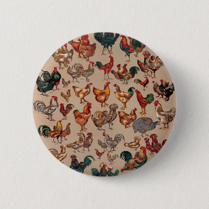 Chapa Redonda De 5 Cm Patrón de gallo vintage: Arte de granja