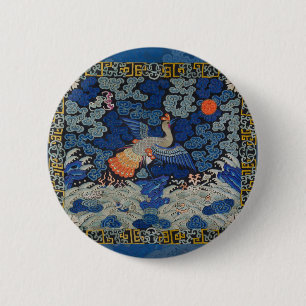 Chapa Redonda De 5 Cm Patrón de grulla china vintage: azul imperial