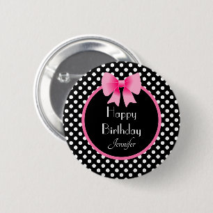 Chapa Redonda De 5 Cm Patrón de lunares en blanco y negro con lazo rosa