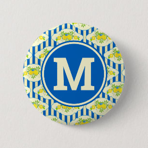 Chapa Redonda De 5 Cm Patrón de rayas azules y lémones y hojas de verano