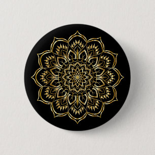 Chapa Redonda De 5 Cm Patrón elegante de Mandala floral dorada y negra