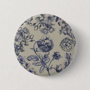 Chapa Redonda De 5 Cm Patrón Floral Botánico Toile Azul Vintage