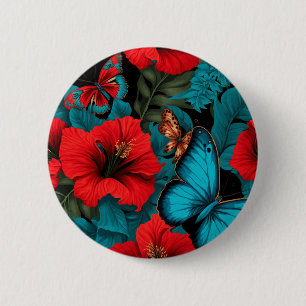 Chapa Redonda De 5 Cm Patrón floral rojo estilo hawaiano