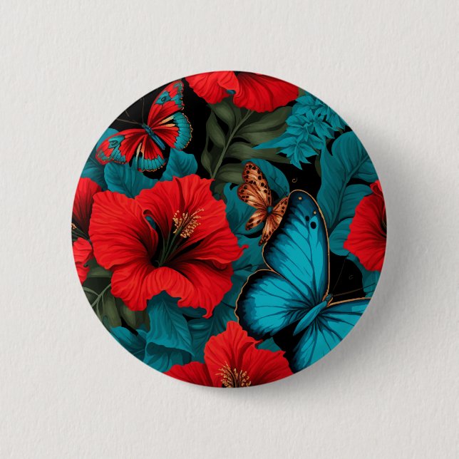 Chapa Redonda De 5 Cm Patrón floral rojo estilo hawaiano (Anverso)