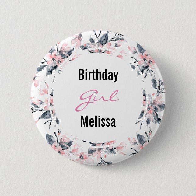 Chapa Redonda De 5 Cm Patrón floral rosa y gris Chica de cumpleaños (Anverso)