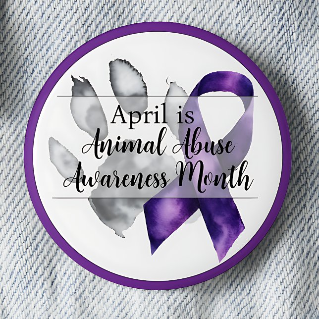 Chapa Redonda De 5 Cm Paw Print April Animal Abueness Month (April is Animal Abuse Awareness Month.  Paw print with purple awareness ribbon pinback button.)