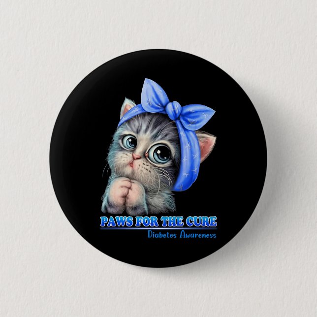 Chapa Redonda De 5 Cm Paws For Cure Diabetes Awareness Cute Cat Blue (Anverso)