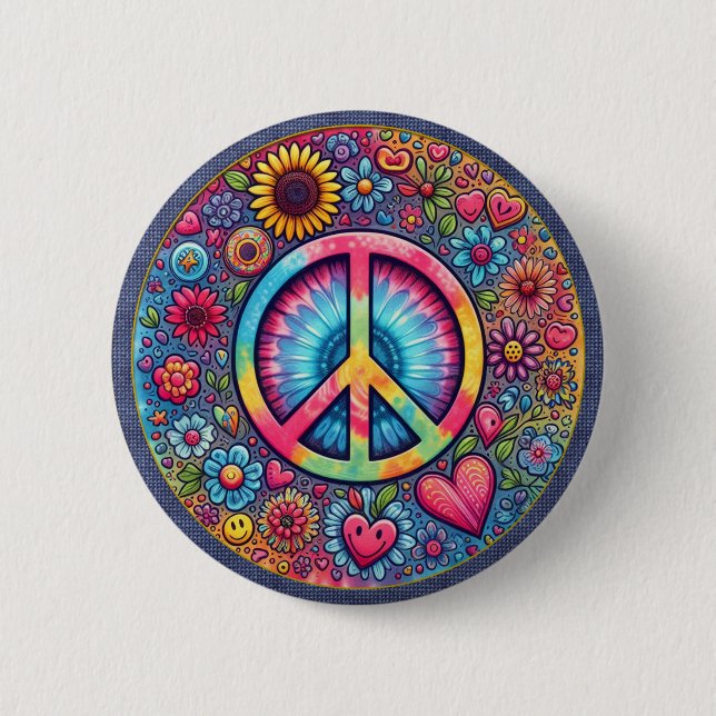 Chapa Redonda De 5 Cm "Peace Hearts and Flower" Button (Anverso)