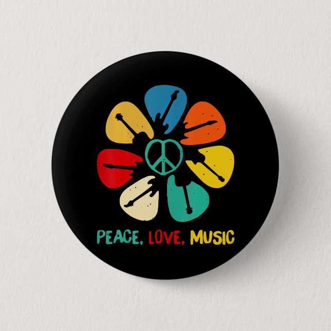 Chapa Redonda De 5 Cm Peace Love Music Guitar Rock Flower Rock And Roll (Anverso)