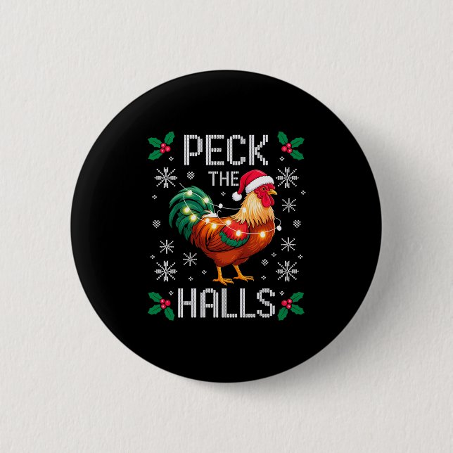 Chapa Redonda De 5 Cm Peck The Halls Chicken Christmas Lights Snowflakes (Anverso)