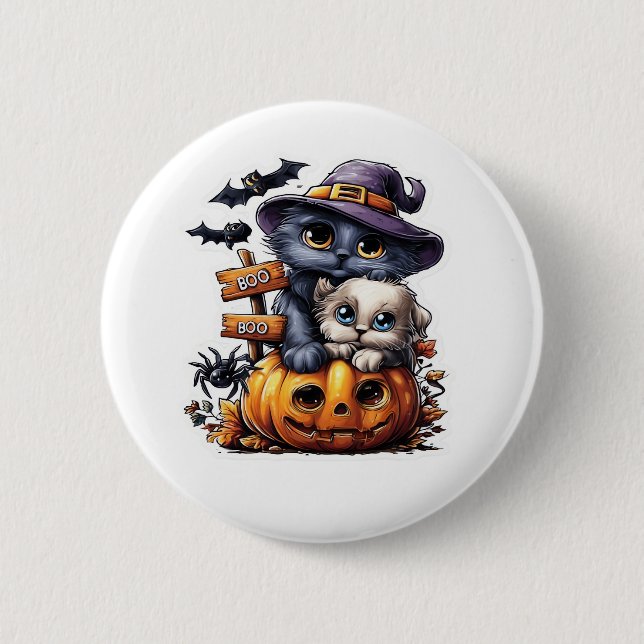 Chapa Redonda De 5 Cm Pegatina de gatos de Halloween - Gorra de brujas,  (Anverso)