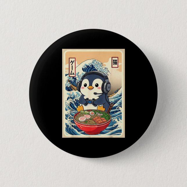 Chapa Redonda De 5 Cm Penguin Kawaii Japanese Ramen Noodle Retro Gaming  (Anverso)