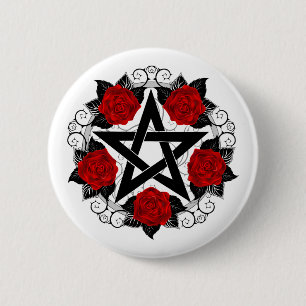 Chapa Redonda De 5 Cm Pentagram con rosas rojas