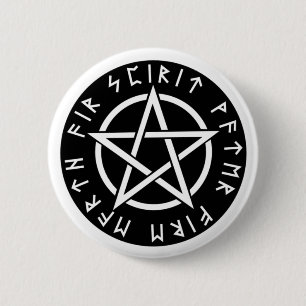Chapa Redonda De 5 Cm Pentagram rúnico negro de Wiccan