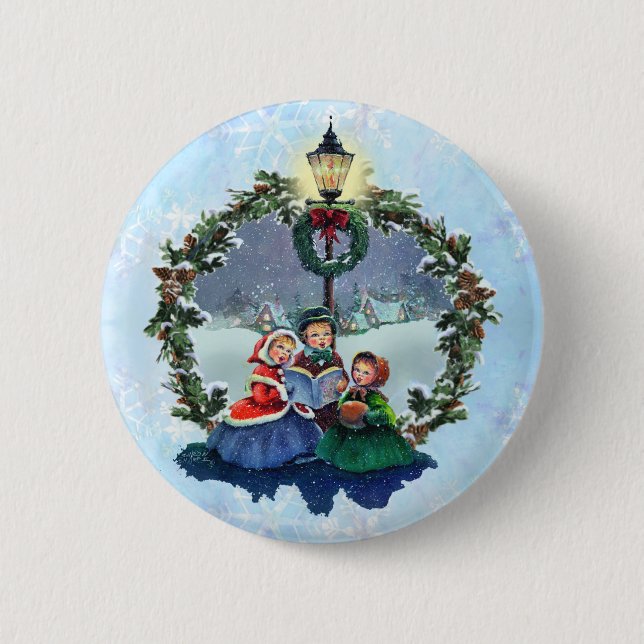 Chapa Redonda De 5 Cm PEQUEÑOS CAROLERS y GUIRNALDA de SHARON SHARPE (Anverso)