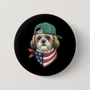 Chapa Redonda De 5 Cm Perrito Shih Tzu con bandera americana - Perro pat