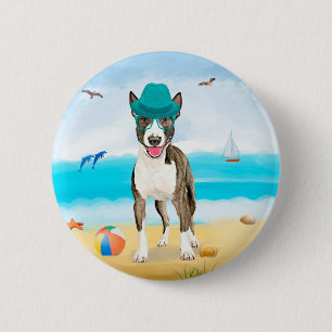 Chapa Redonda De 5 Cm Perro Bull Terrier en la playa