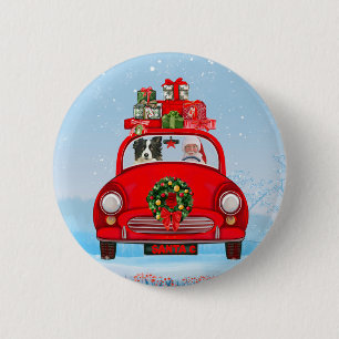 Chapa Redonda De 5 Cm Perro Collie Fronterizo En Coche Con Santa Claus