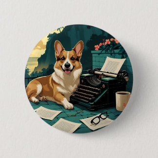 Chapa Redonda De 5 Cm Perro Corgi con pelaje brillante y una máquina de