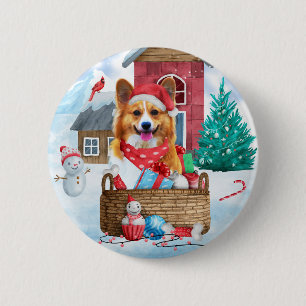 Chapa Redonda De 5 Cm Perro Corgi En Casa De Perros De Navidades De Niev