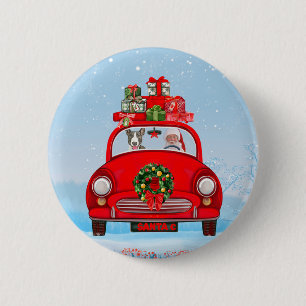 Chapa Redonda De 5 Cm Perro de Bull Terrier En Coche Con Santa Claus