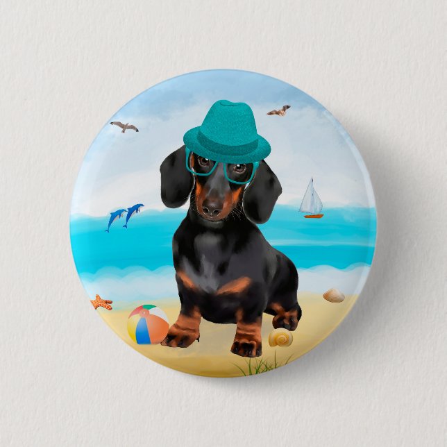 Chapa Redonda De 5 Cm Perro de Dachshund en la playa (Anverso)