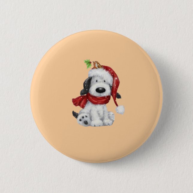 Chapa Redonda De 5 Cm Perro de Navidades con Santa Hat y Scarf (Anverso)