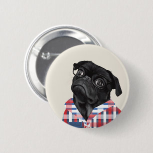 Chapa Redonda De 5 Cm Perro De Pug Negro Con Gafas Y Chequera