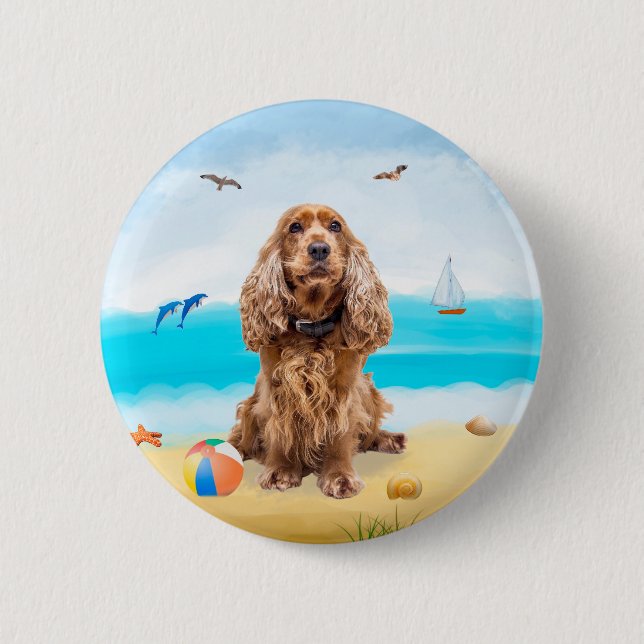Chapa Redonda De 5 Cm Perro español Cocker en la playa (Anverso)