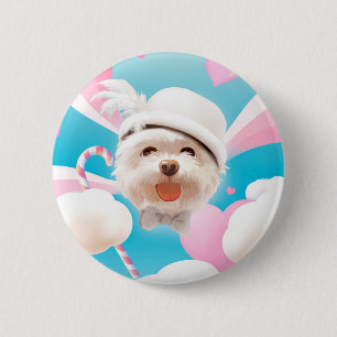 Chapa Redonda De 5 Cm Perro esponjoso con Gorra blanco