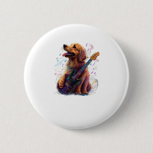 Chapa Redonda De 5 Cm Perro Golden Retriever Jugando Rock de guitarra el