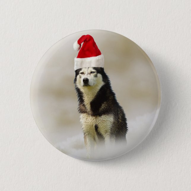 Chapa Redonda De 5 Cm Perro Husky Siberiano con Sombrero de Nieve (Anverso)