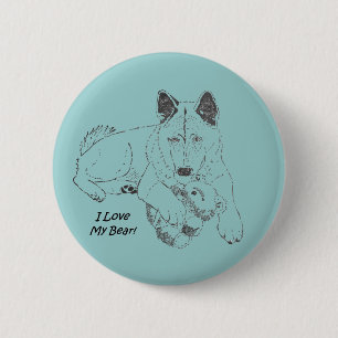 Chapa Redonda De 5 Cm Perro lindo de Akita y oso de peluche que dibuja