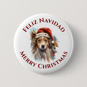 Chapa Redonda De 5 Cm Perro Navideño Bilingüe Feliz Navidad Merry Christ