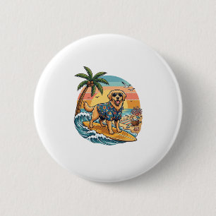 Chapa Redonda De 5 Cm Perro Retriever Dorado Surfing Surfboard Atardecer
